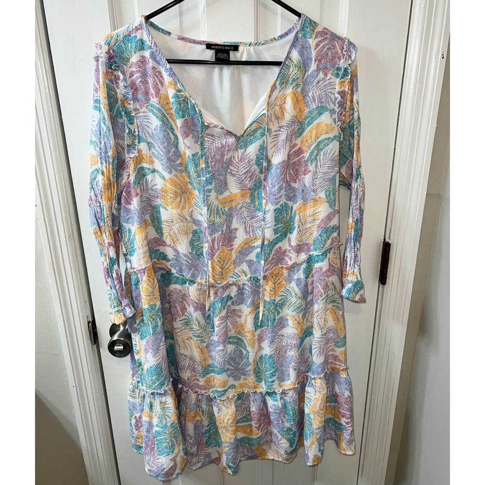 Robert Louis Leaf Print Ruffle Tiered Tie Neck 3/4 Sleeve Dress